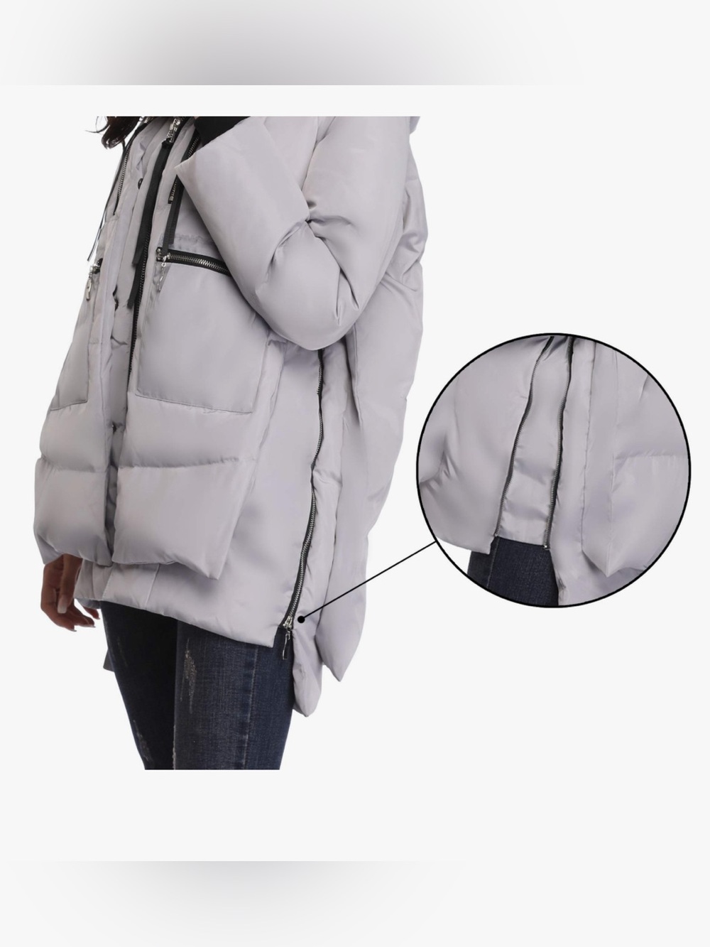 Women's Light Grey Oversized Puffer Jacket with Side Zips